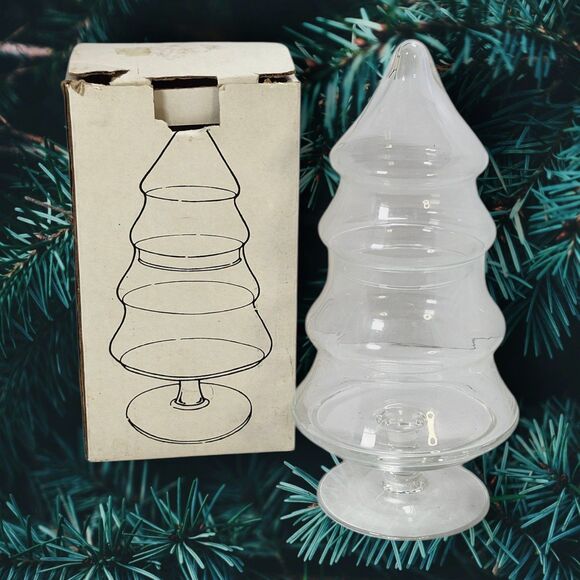 Vintage Glass Christmas Tree Candy Jar 9” Stemmed Pedestal Base Holiday Treat - Picture 1 of 7